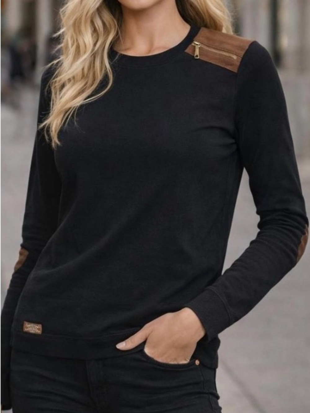 Lauren Ralph Lauren T-Shirt Sz M Black Equestrian Faux Suede Elbow Patch Cotton